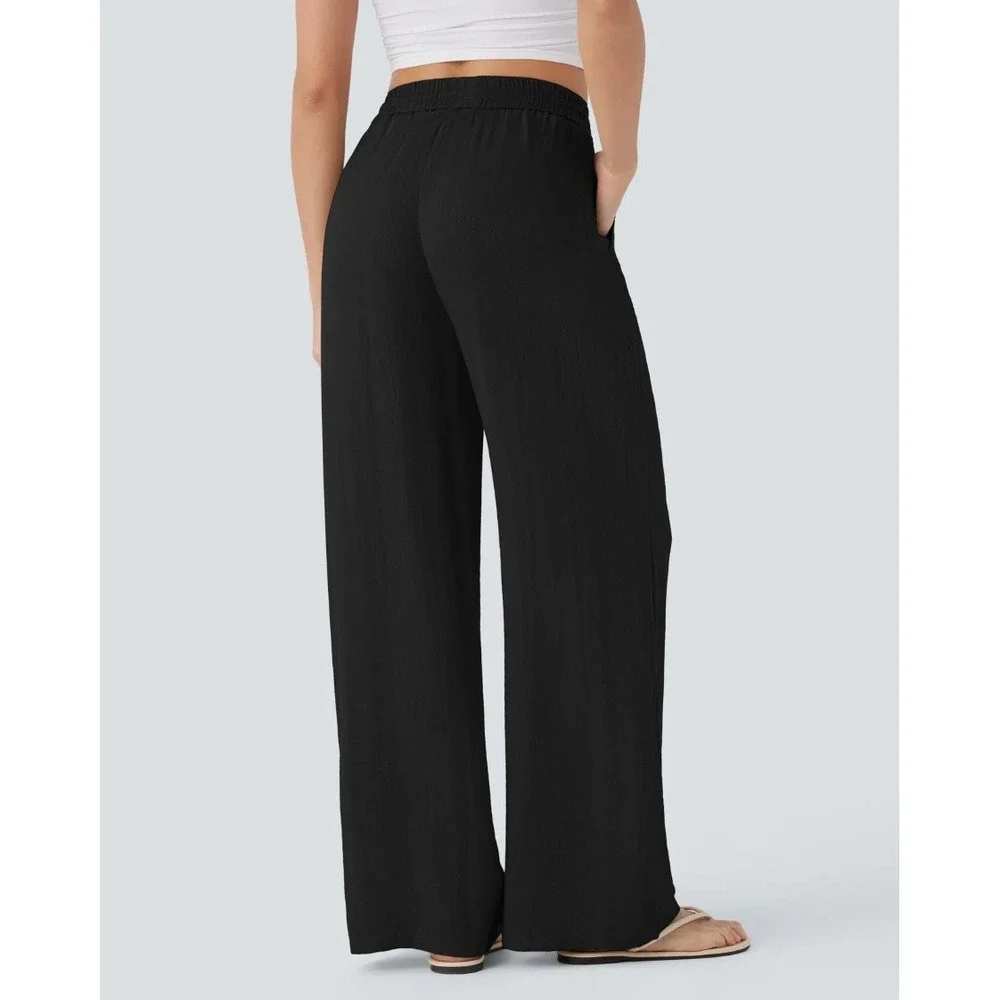 Halara Black Drawstring Pocket Wide Leg Baggy Casual Linen-Feel Pants Medium
